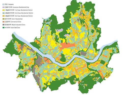 서울시의 용도지역과 면적, 비율을 나타낸 현황 지도이다.